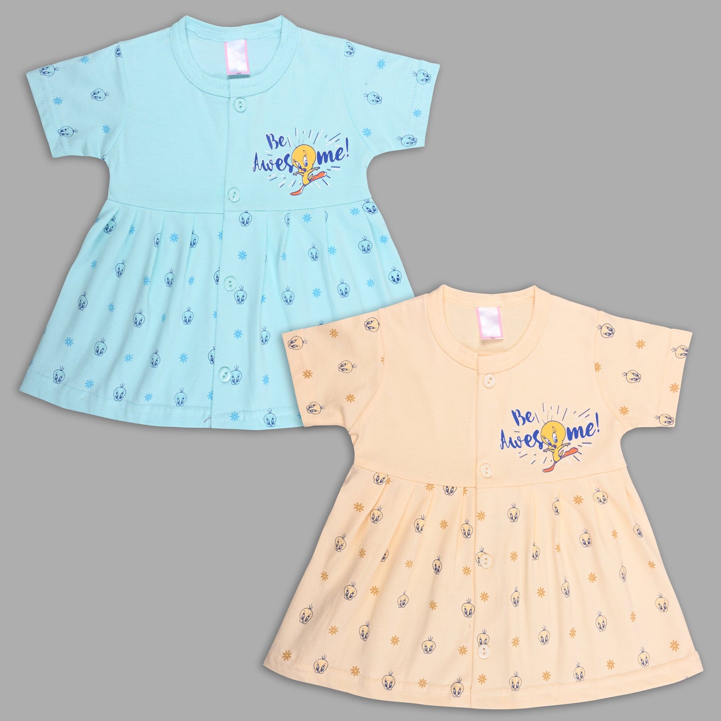 Baby Girls Hosiery Cotton Printed Frock Dress Combo (Pack of 2) – Pink & Cream Cartoon Print