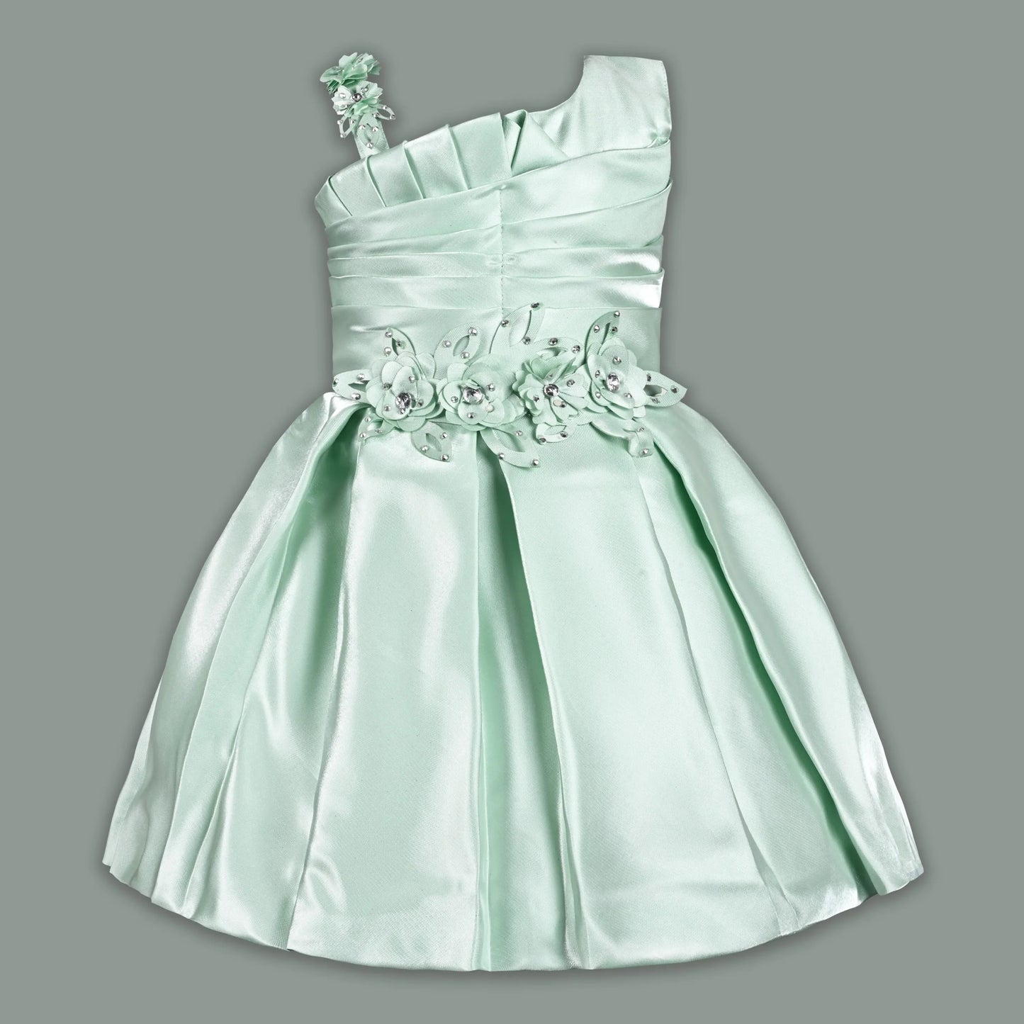 Girls Satin Embellished Flower Detailed Fit and Flare Dress
