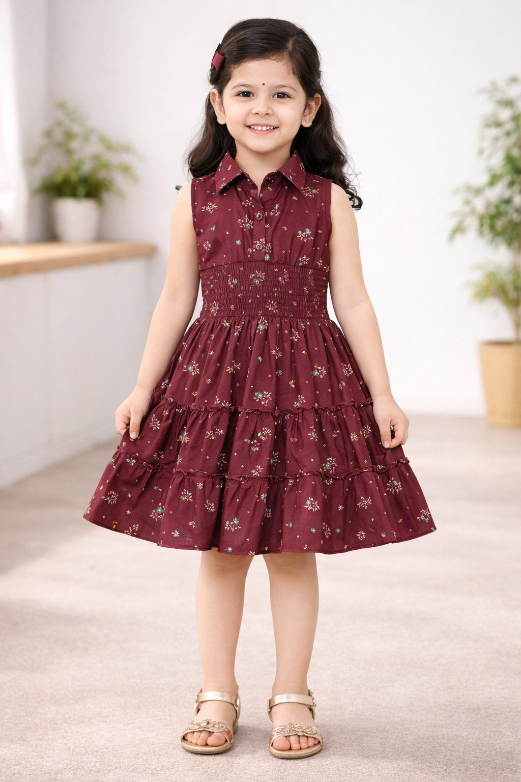 Girls Red Floral Tiered Shirt Dress