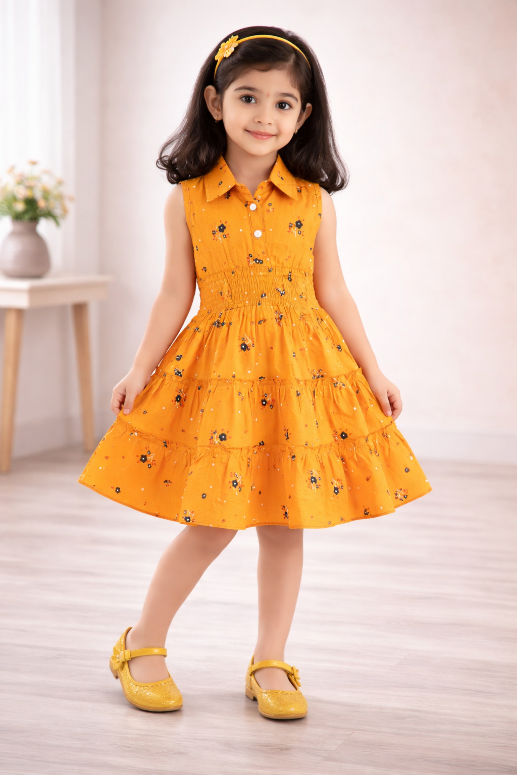 Girls Red Floral Tiered Shirt Dress