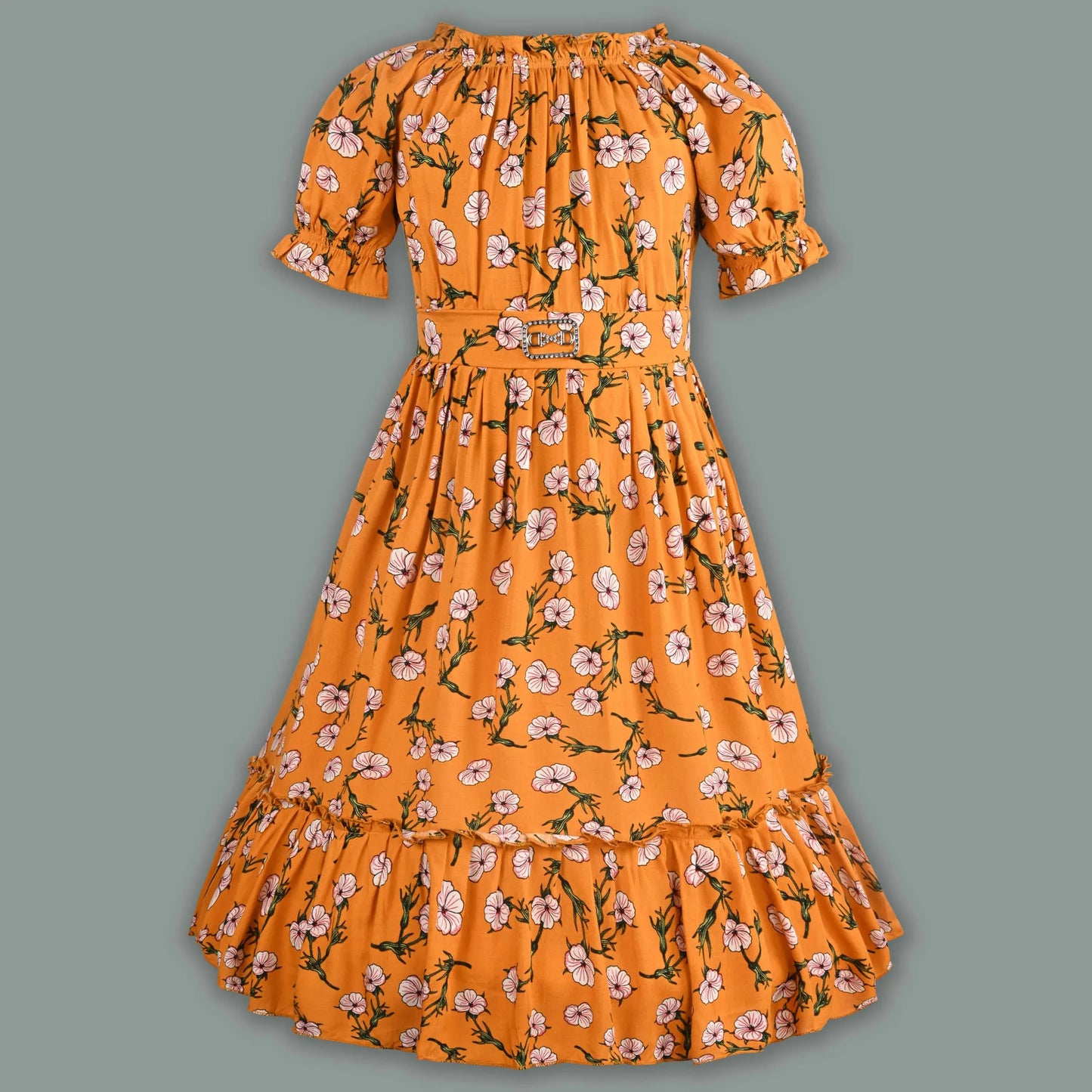 Girls Printed Puff Sleeve Midi Dress