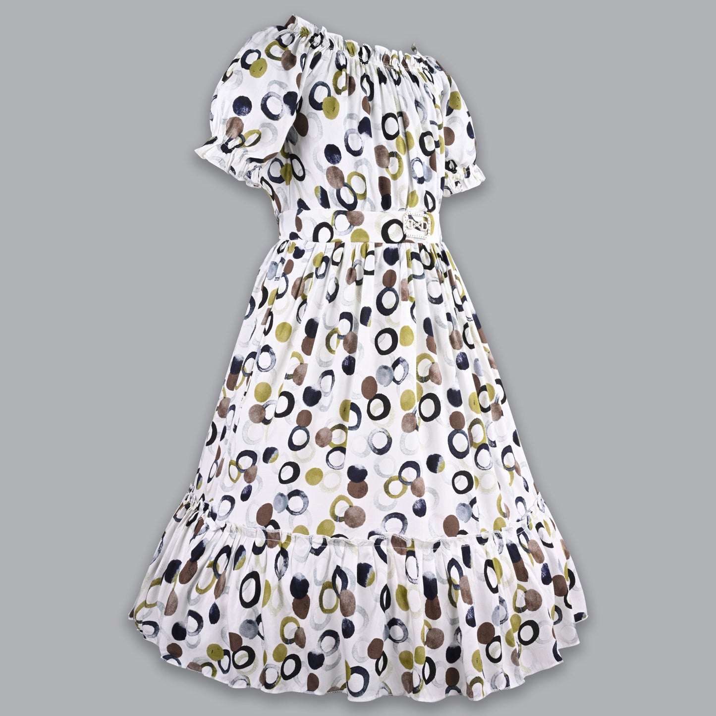 Girls Polka Print Puff Sleeve Fit and Flare Frock Dress
