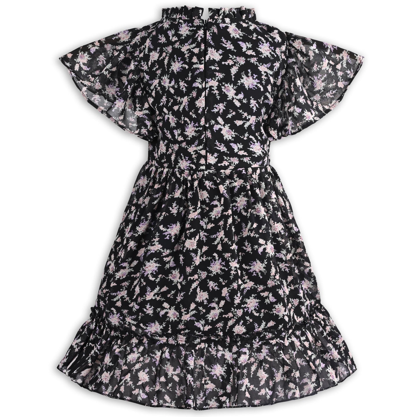 Girls Floral Print Georgette Casual Dress with Flared Sleeves
