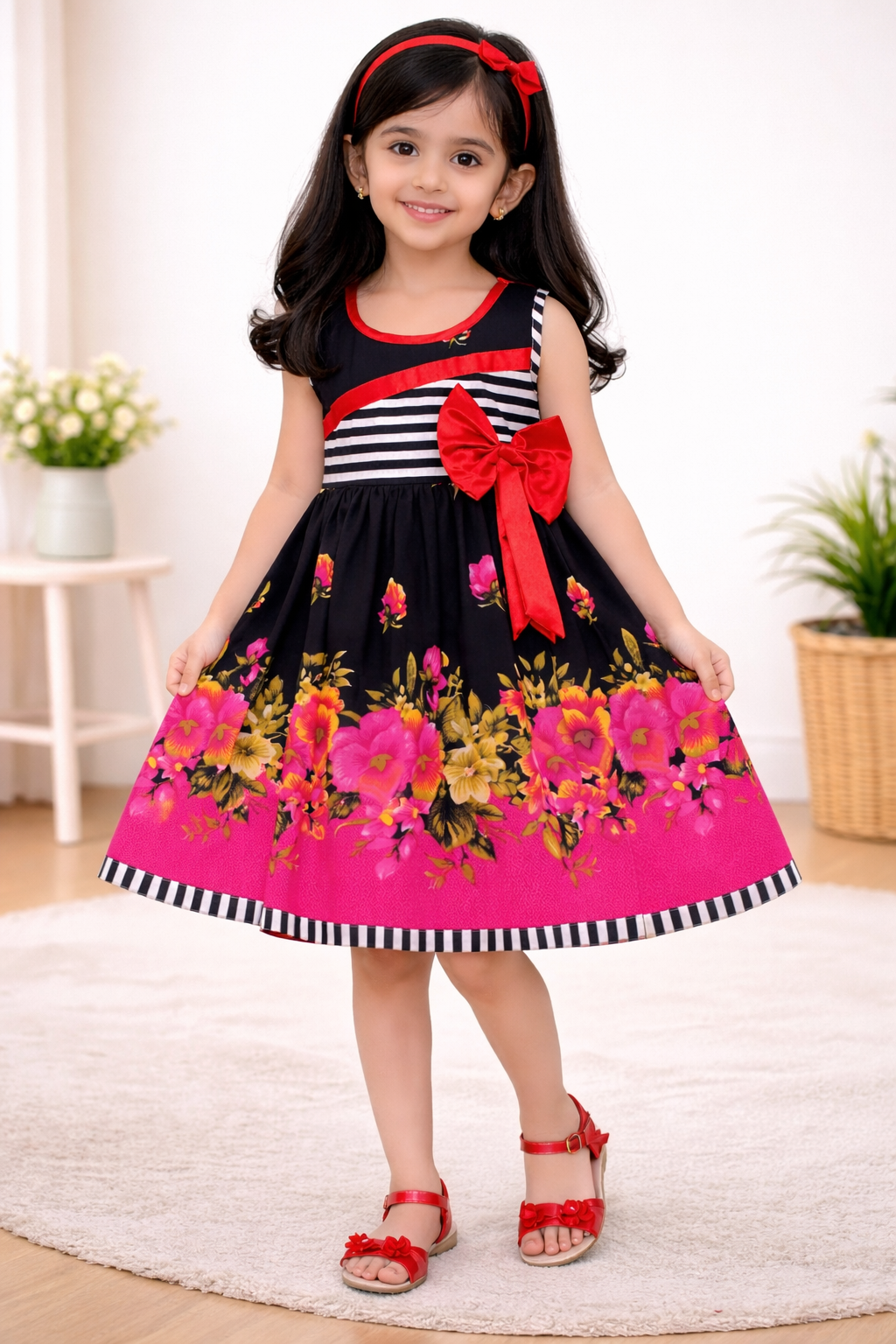 Girls Cotton Floral Party Wear Frock with Stripes & Bow Detail