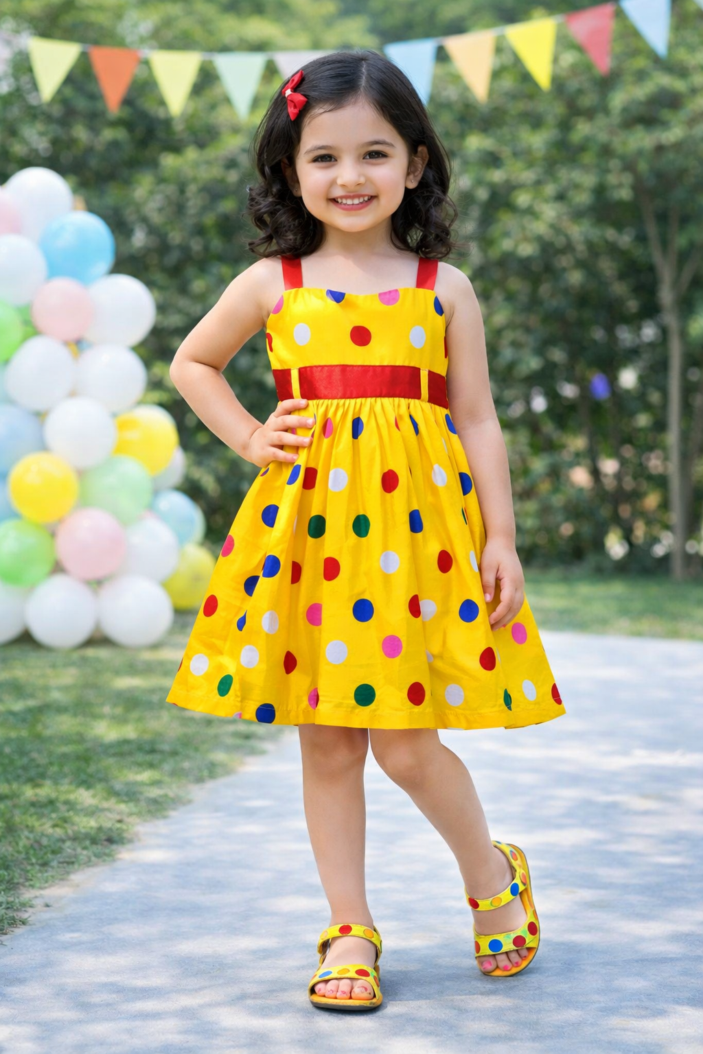 Girls Yellow Polka Dot Cotton Party Dress with Red Waist Belt