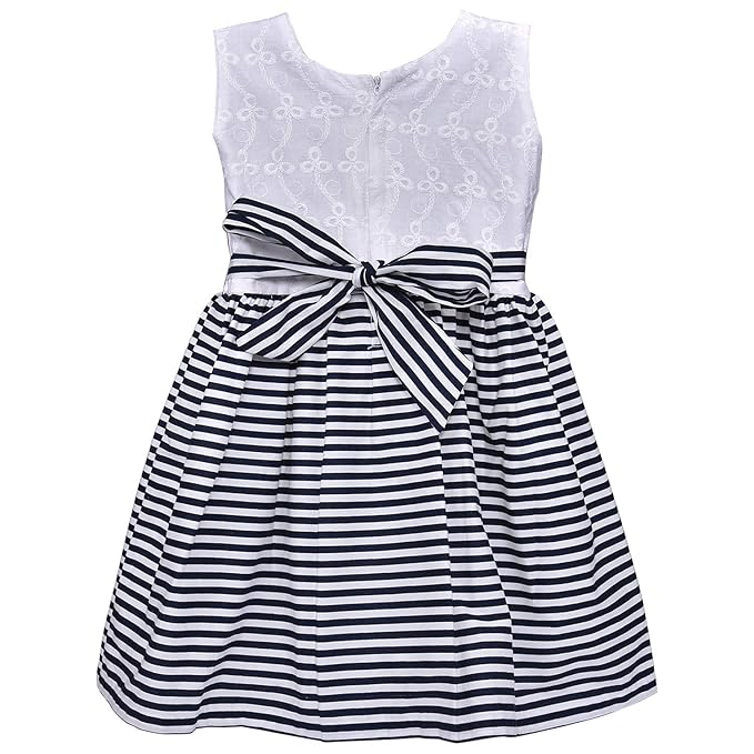 Girls White & Black Cotton Striped Sleeveless Dress with Bow | Soft & Breathable Kids Casual Party Dress