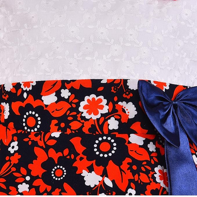 Girls White & Red Floral Cotton Dress with Navy Satin Bow