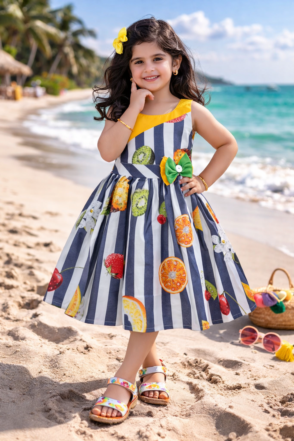 Girls Multicolor Cotton Printed Sleeveless Dress with Bow | Striped Fruit Print Kids Casual Party Dress