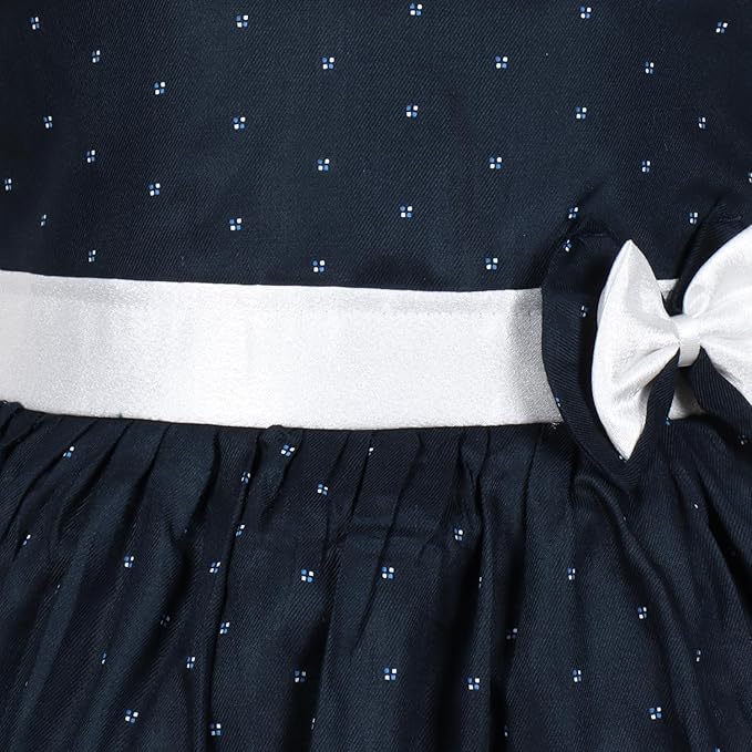 Girls Navy Blue Polka Dot Cotton Sleeveless Dress with White Bow & Waist Belt