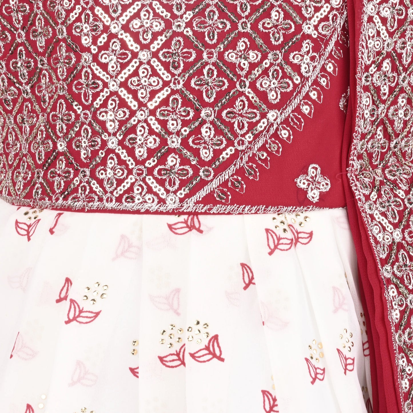 Girls Maroon & White Georgette Ethnic Party Wear Dress