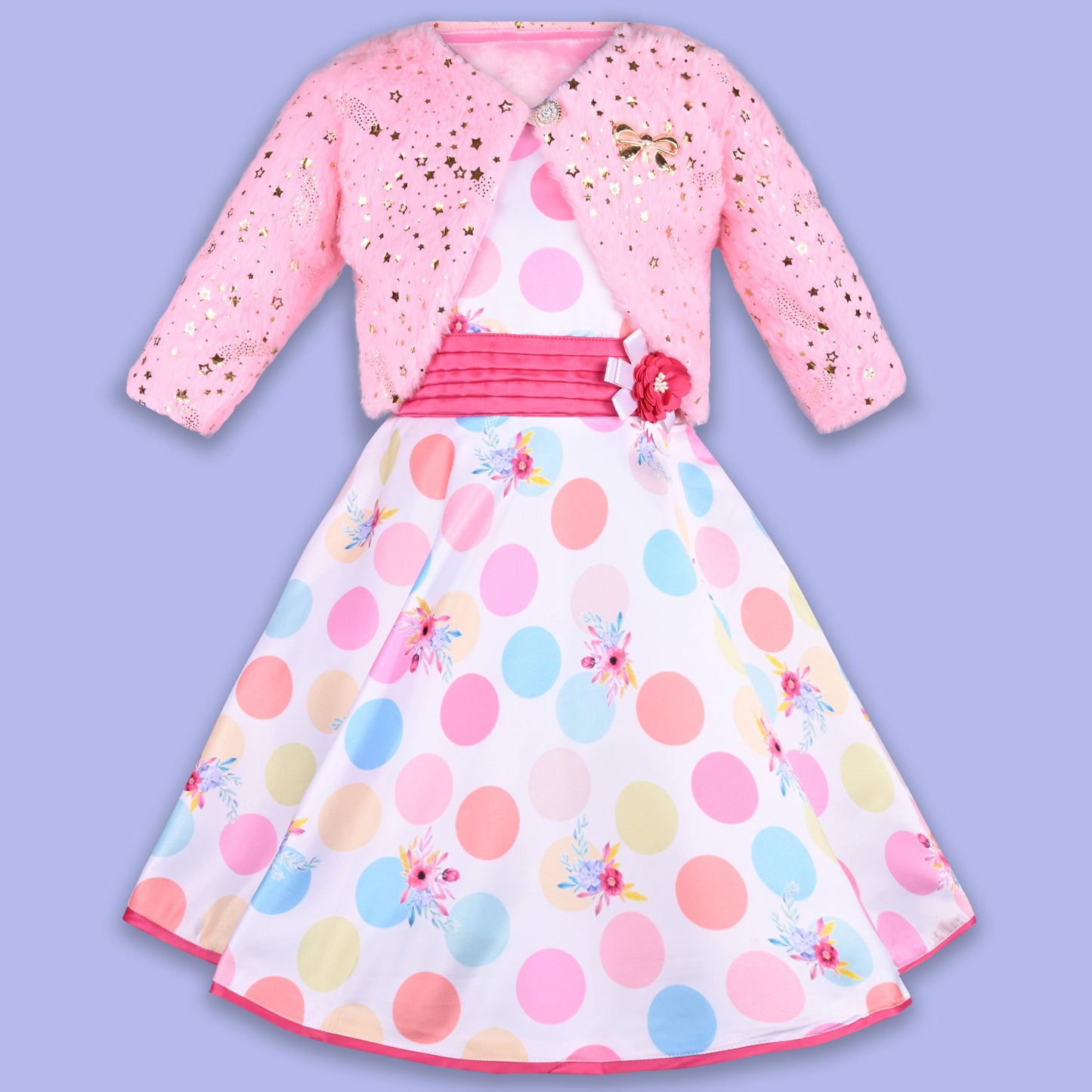Pink Polka Dots Flower Detail Dress