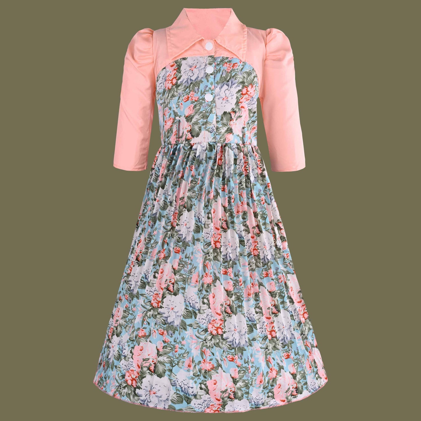 Girls Floral Print Satin Collared Casual Dress