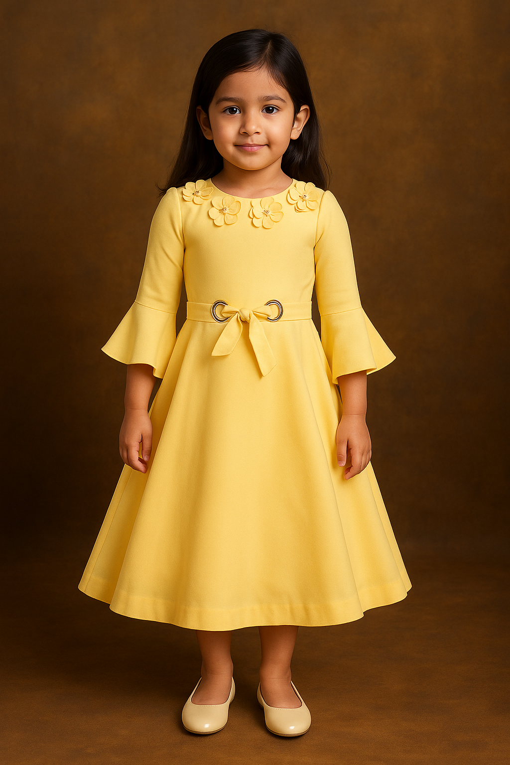 Girls Floral Neckline A-Line Casual Dress with Waist Tie fe3478