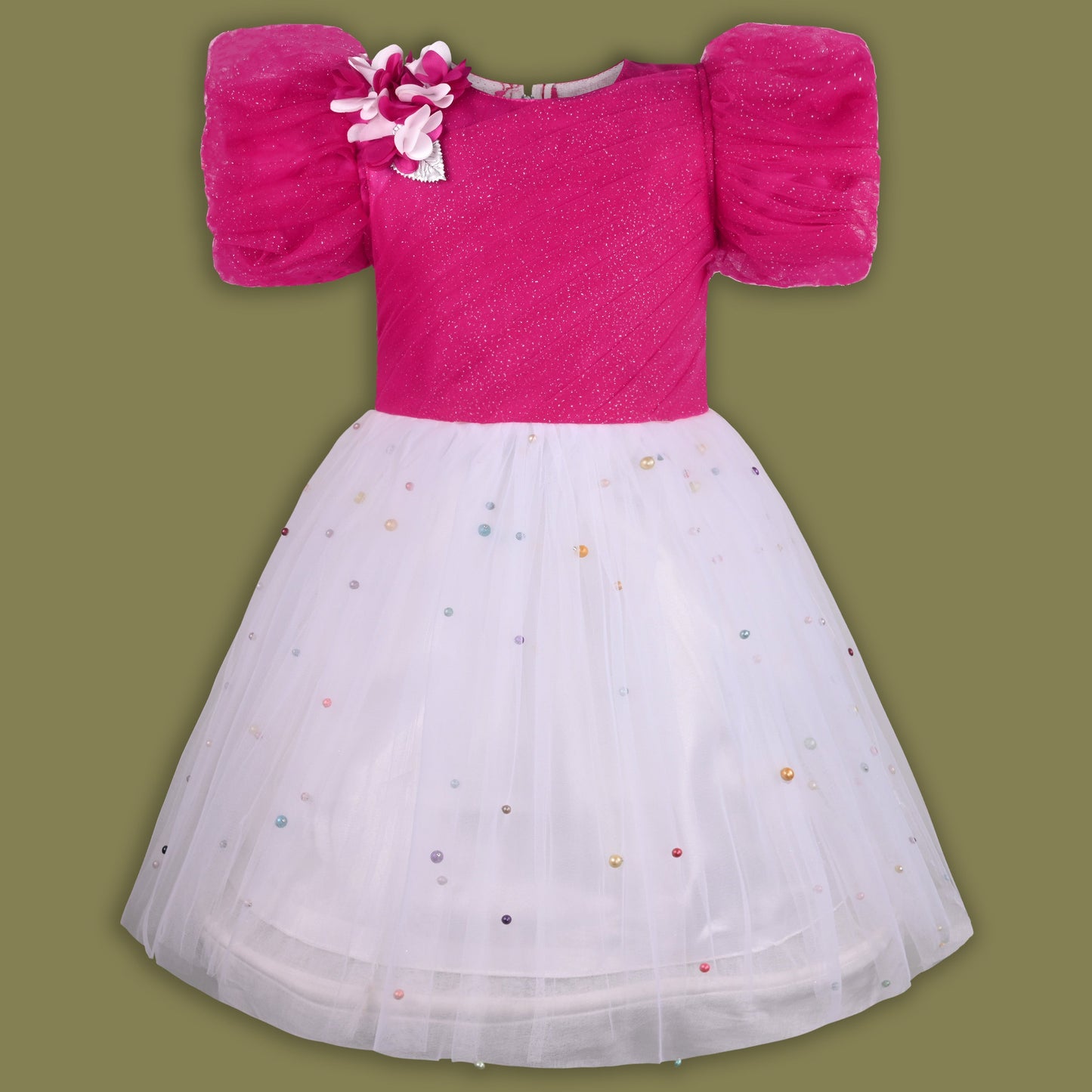 Girls Pearl Embellished Glitter Net Party Dress