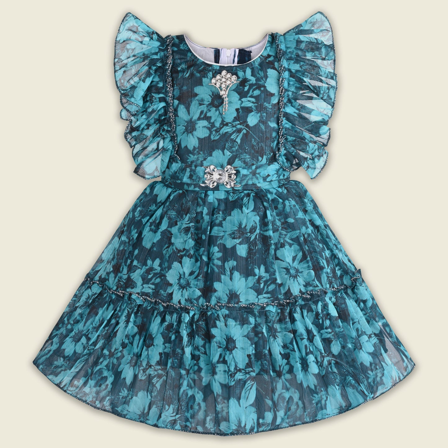 Baby Girls Georgette Party Wear Dress | Floral Printed Frock with Ruffle Sleeves & Stone Work | Birthday & Festive Outfit