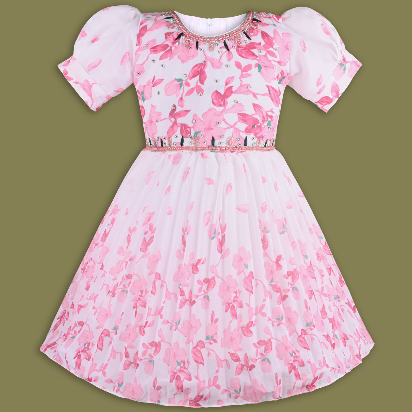 Girls Floral Print Bead Embellished Flared Party Dress