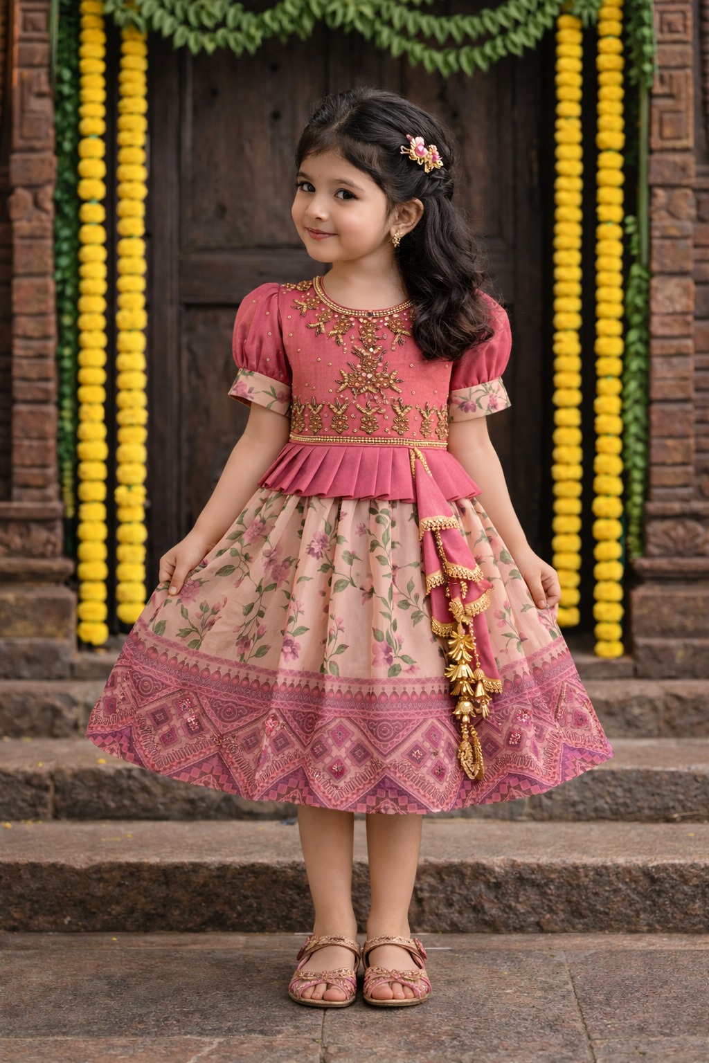 Girls Bead Embellished Printed Silk Ethnic Dress - 1