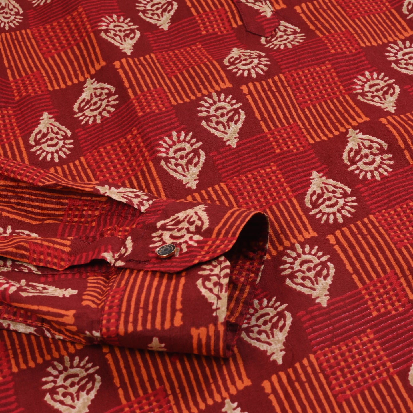 Men’s Printed Cotton Kurta Shirt – Ethnic Block Pattern, Full Sleeves