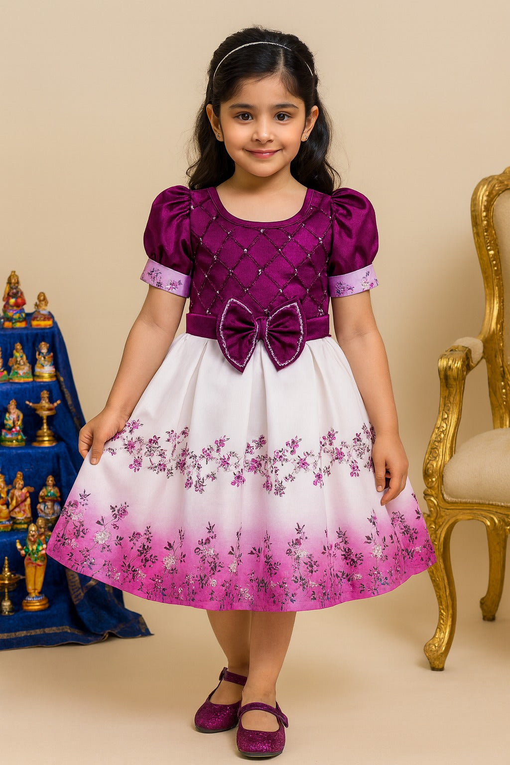 Girls Floral Embellished Bow Detail Pleated Satin Dress