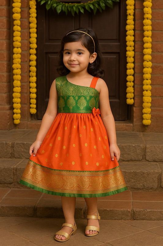 Girls Woven Zari One Shoulder Ethnic Dress