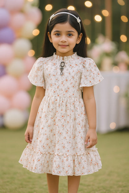 Girls Floral Print Flutter Sleeve Casual Dress