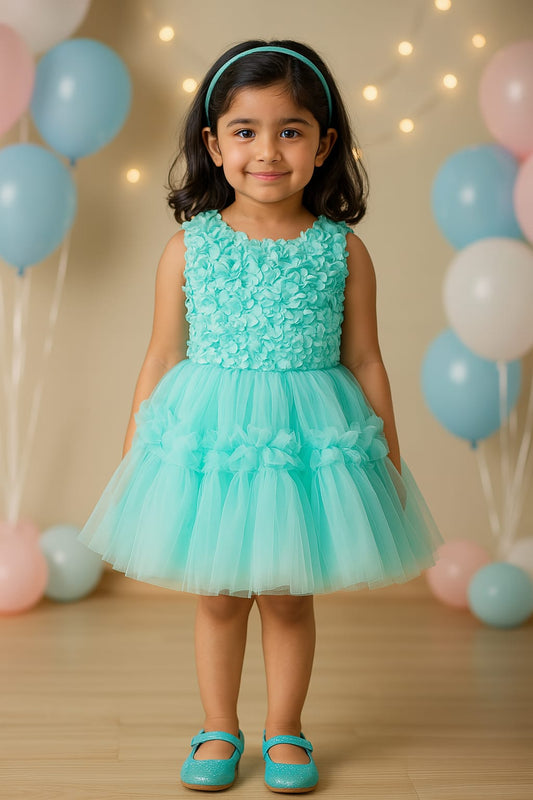 Girls Satin Flower Detailed Net Dress - Sky Blue