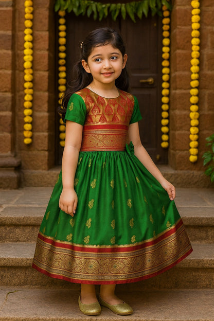 Girls Woven Zari Short Sleeve Round Neck Ethnic Dress