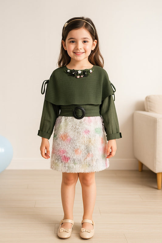 Girls Checkered Full Sleeve Fit and Flare Frock - Dark Green