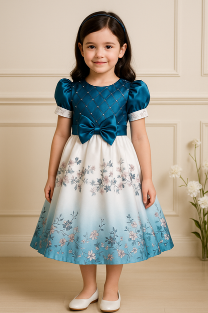 Girls Embellished Floral Print Pleated Party Dress