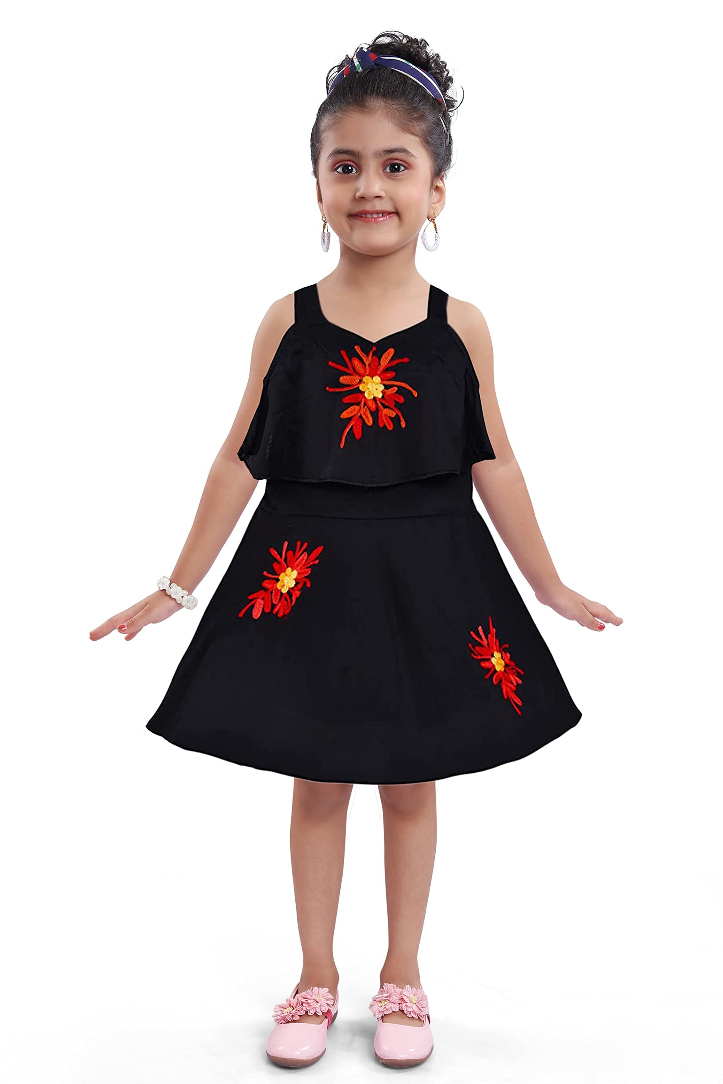 Girls Black Embroidered Overlay Dress