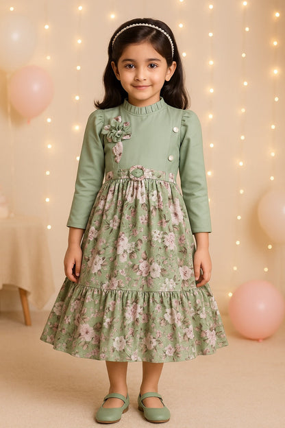 Girls Floral Print 3/4th Sleeve Fit and Flare Frock Dress