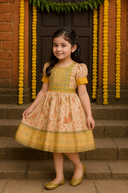 Girls Ethnic Printed Dress with Embroidered Yoke & Puff Sleeves