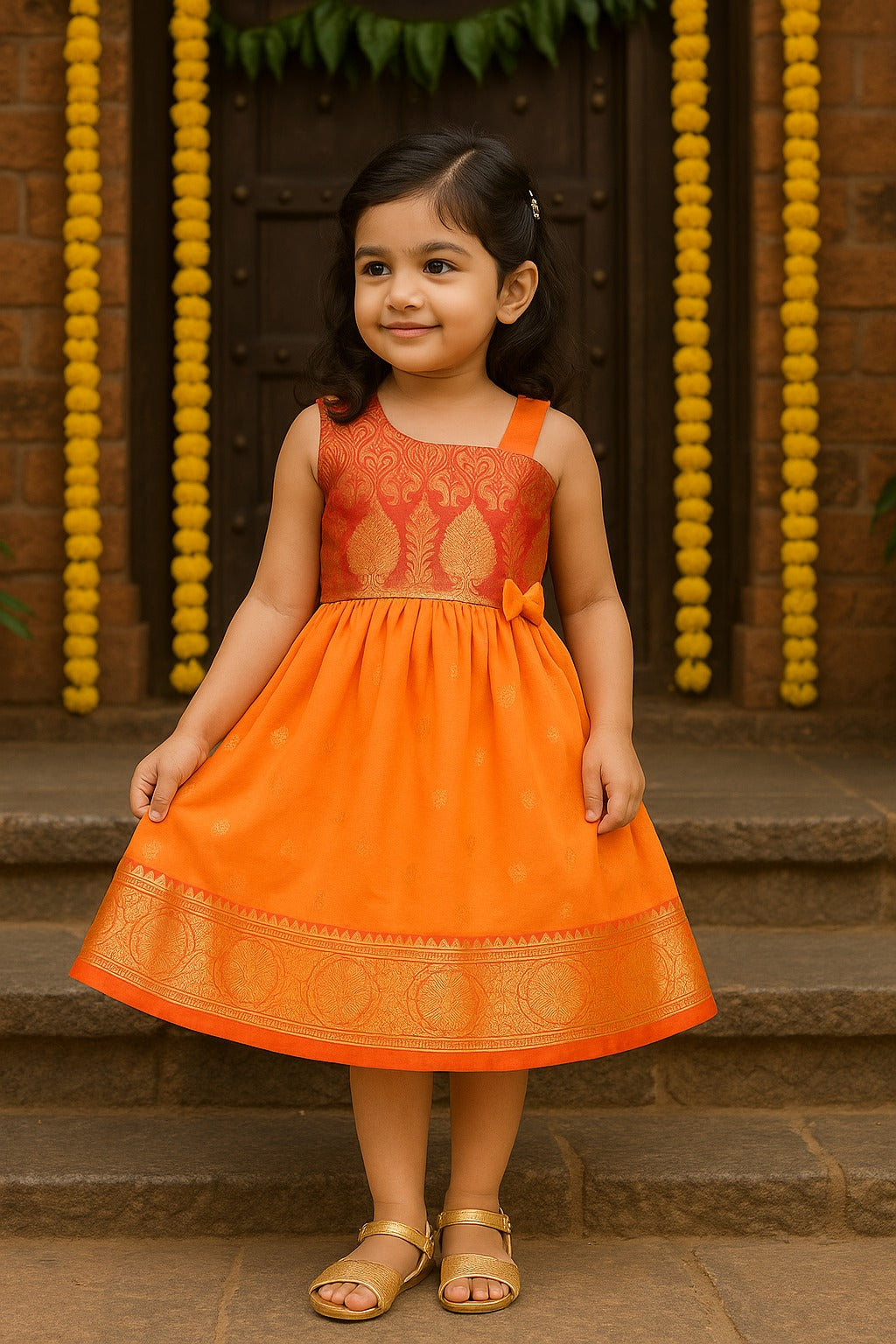 Girls Woven Zari One Shoulder Ethnic Dress