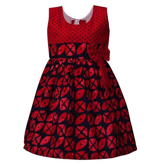 Girls Printed Cotton Dress with Polka Dot Bow Detail