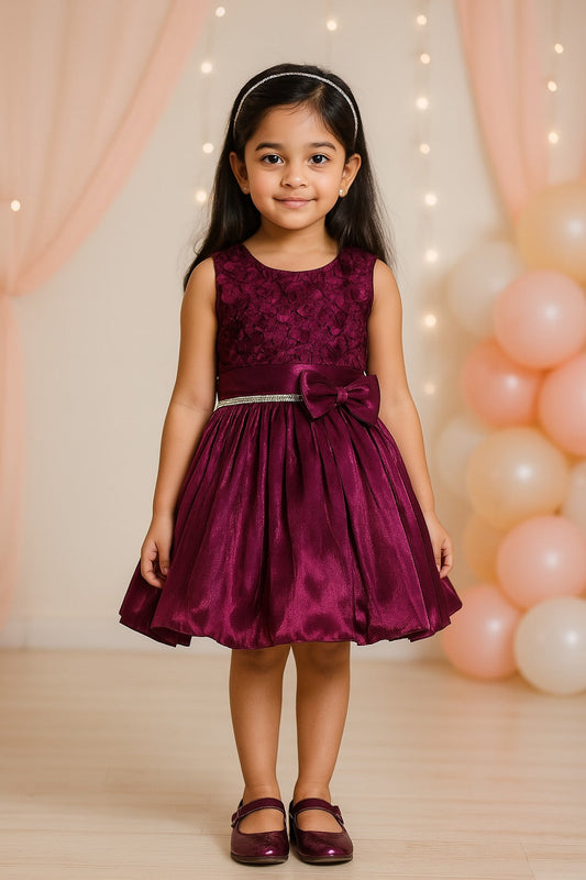Girls Knee Length Satin Solid Party Dress