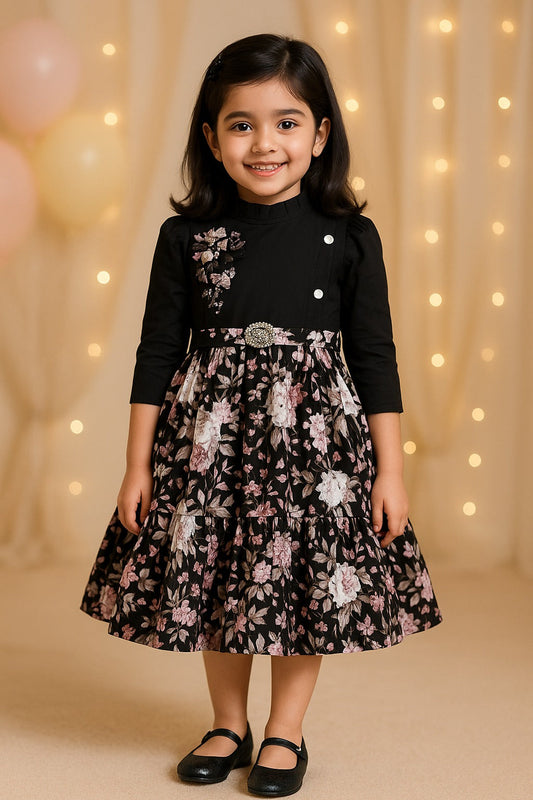 Girls Floral Print 3/4th Sleeve Fit and Flare Frock Dress