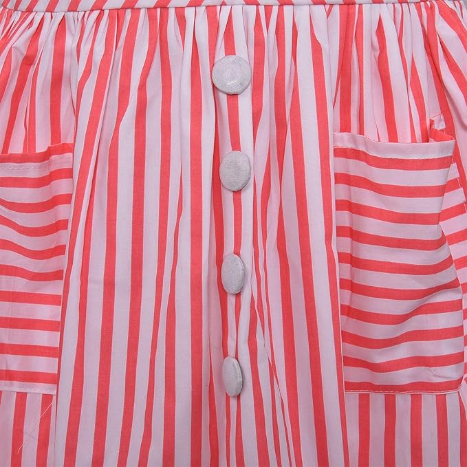 Girls Cotton Red & White Striped Button-Down Dress