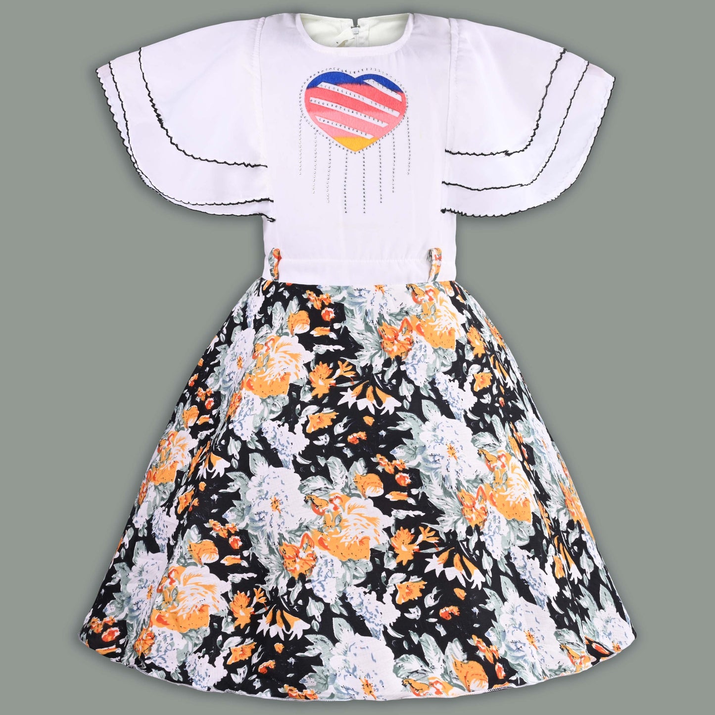 Girls Floral Print with Embellished Heart Print Casual Dress