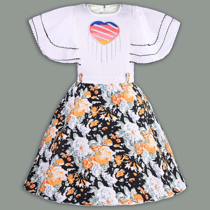 Girls Floral Print with Embellished Heart Print Casual Dress