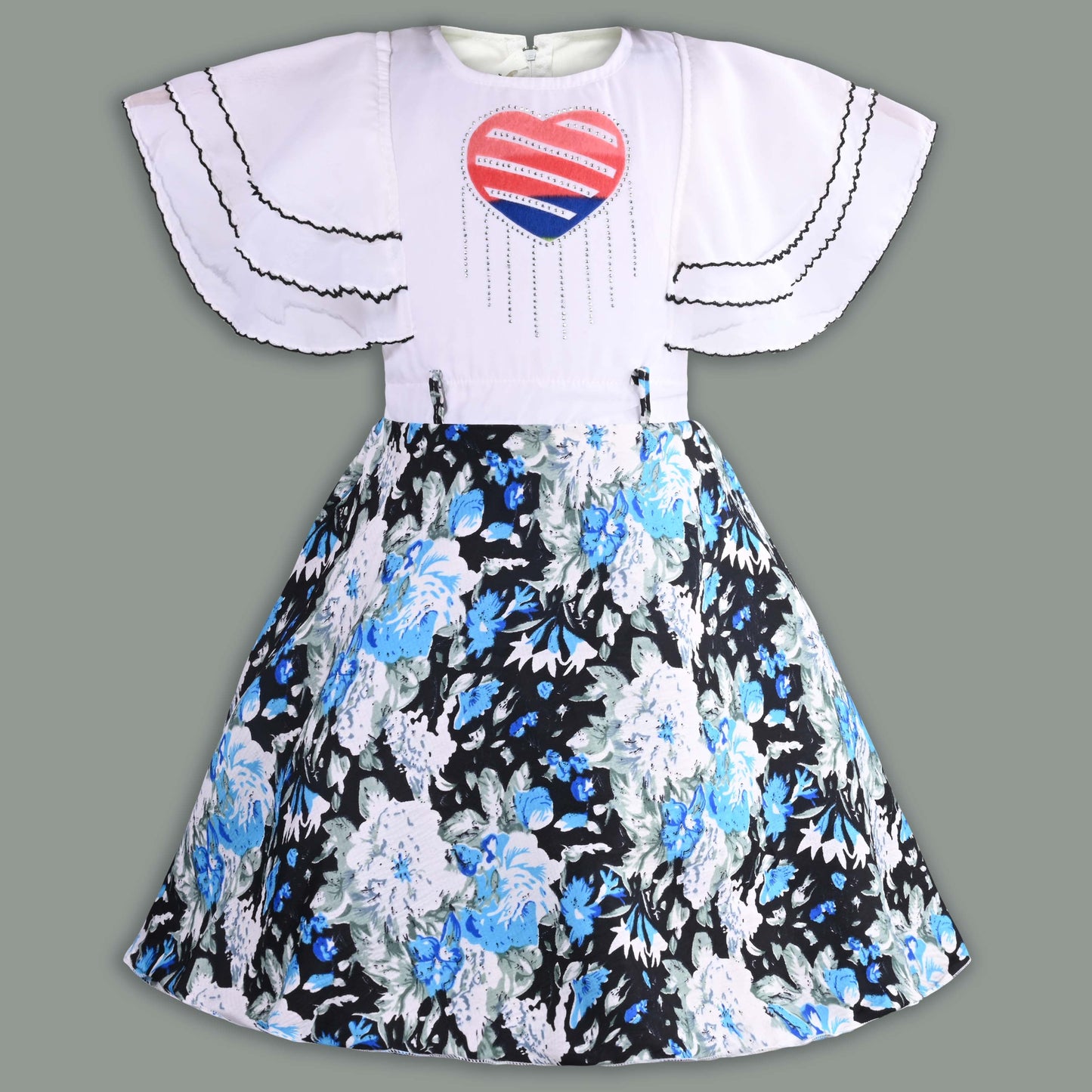 Girls Floral Print with Embellished Heart Print Casual Dress