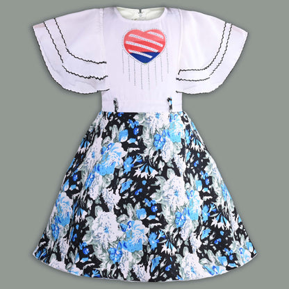 Girls Floral Print with Embellished Heart Print Casual Dress