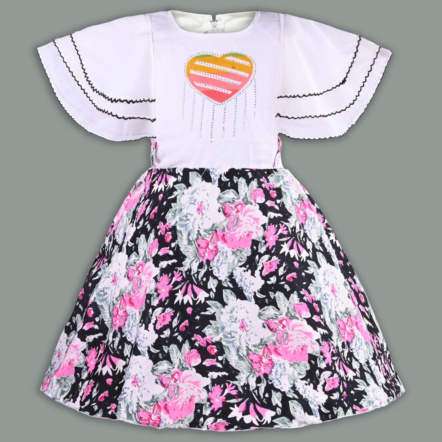 Girls Floral Print with Embellished Heart Print Casual Dress