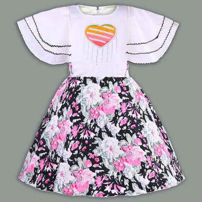 Girls Floral Print with Embellished Heart Print Casual Dress