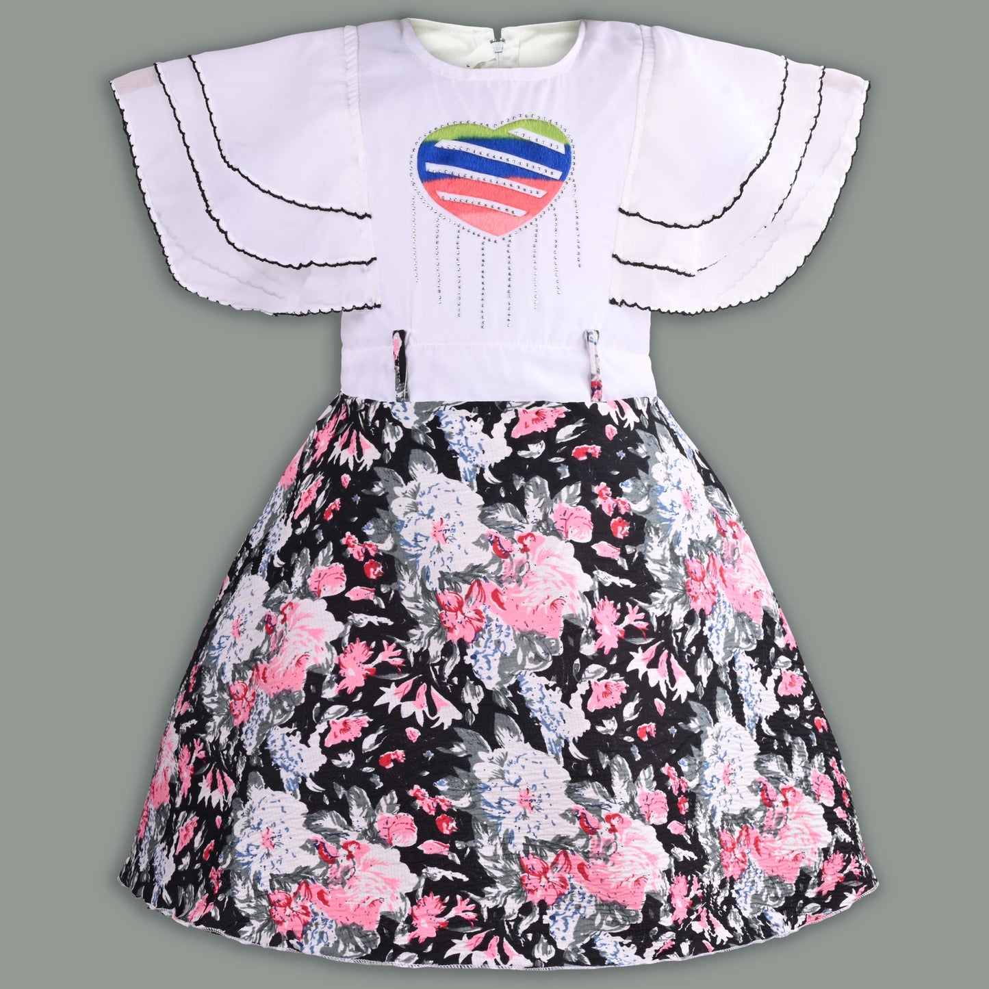 Girls Floral Print with Embellished Heart Print Casual Dress