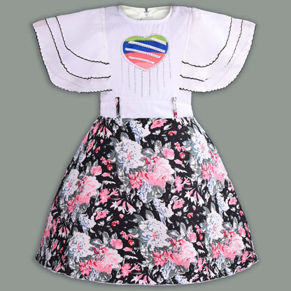 Girls Floral Print with Embellished Heart Print Casual Dress
