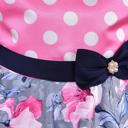 Girls Floral Printed A-line Summer Dress with Polka Dots