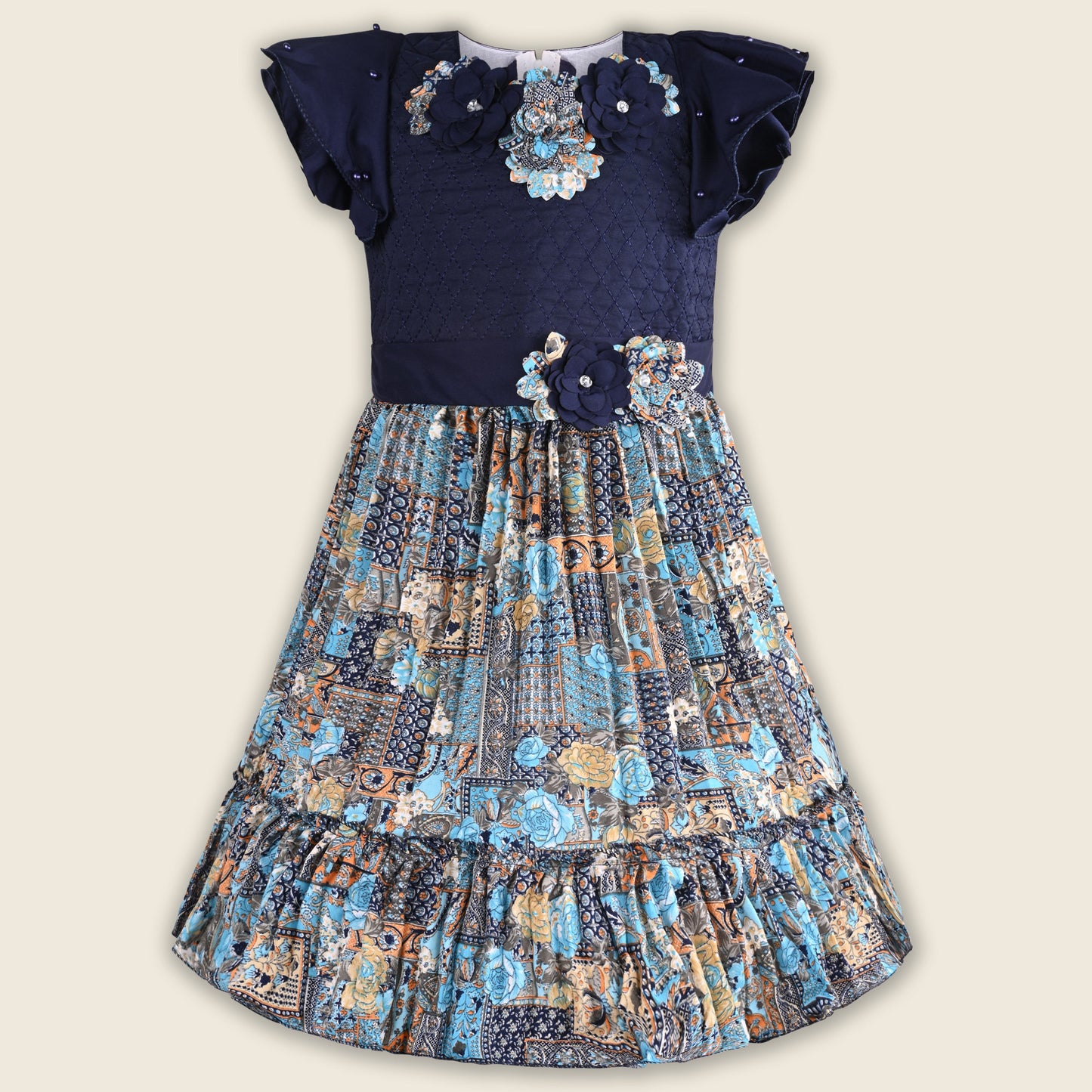 Girls Printed Casual Dress with Floral Applique