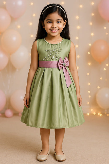 Girls Pleated Bow Pearl Embellished Party Dress