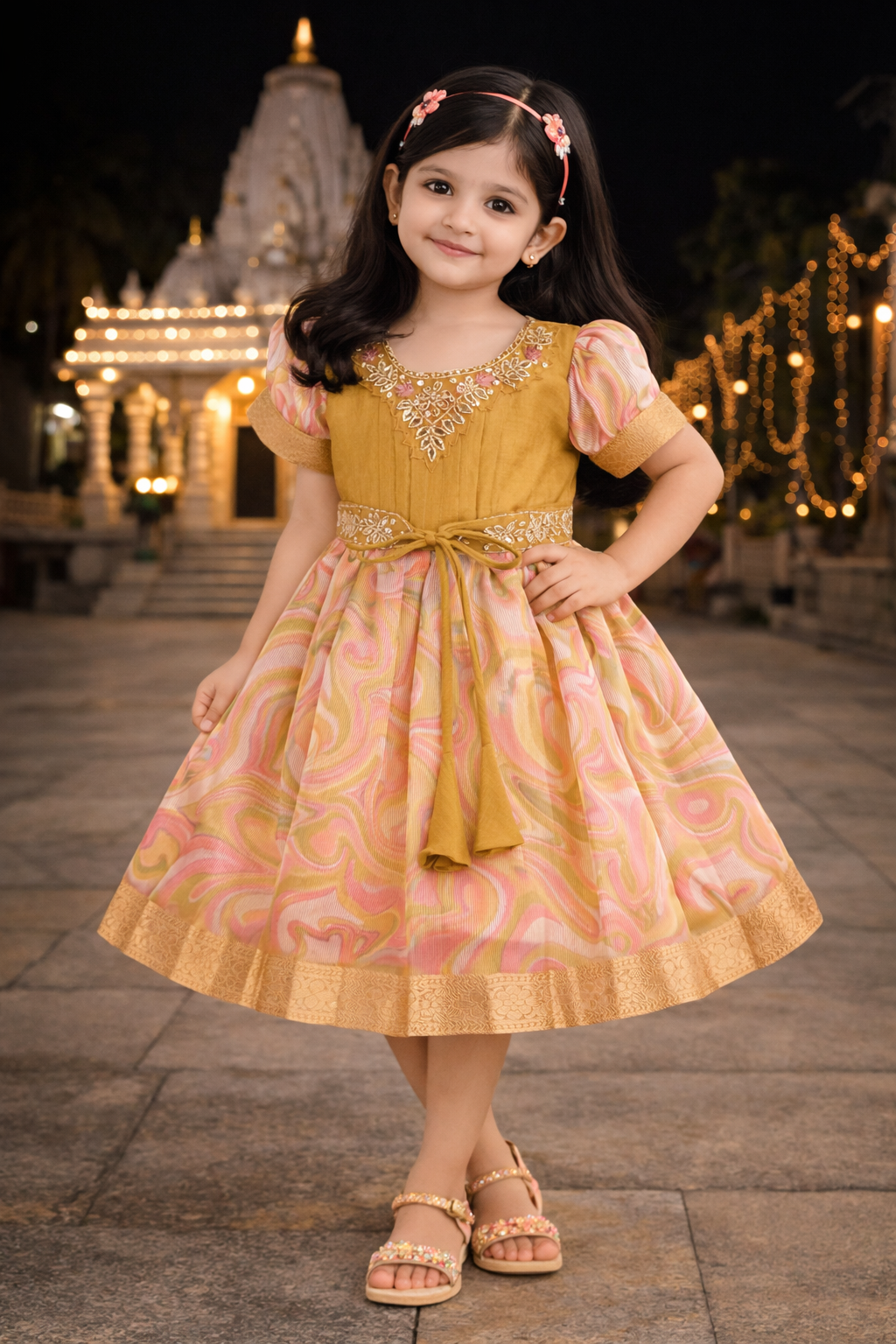 Girls Floral Bead Embellished Puff Sleeve Ethnic Dress