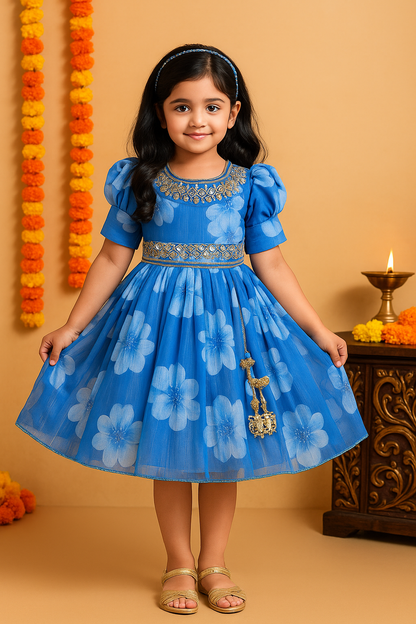 Georgette Party Dress for Girls â€“ Embroidered Neckline, Puff Sleeves & Floral Print Design